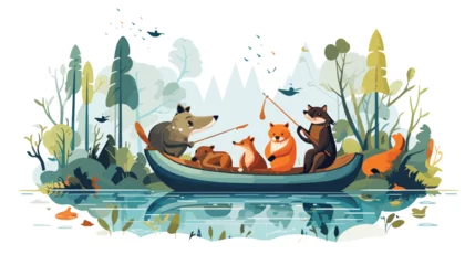 Muurstickers A whimsical scene of animals having a fishing trip © zoni