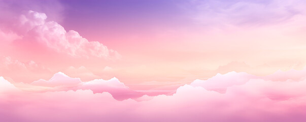 The sky is painted in a mesmerizing blend of pink and purple hues, with fluffy clouds scattered across the horizon, creating a stunning and dreamy landscape. Banner. Copy space