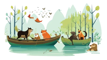 Muurstickers A whimsical scene of animals having a fishing trip © zoni