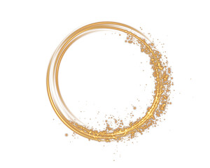 Golden round shape with small dust trail particles and lights. Abstract light lines of motion and speed with golden colored sparks. Light everyday glowing effect. Semicircular wave. Curve light track 