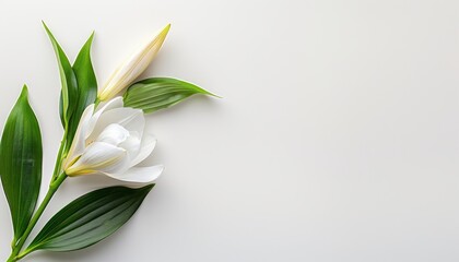 Funeral white lily on white background with room for text, ideal for memorial service notifications - obrazy, fototapety, plakaty