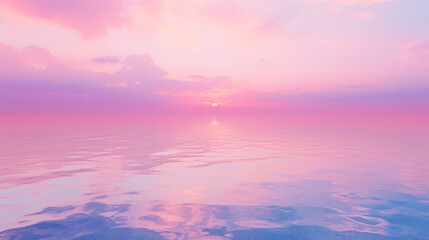 Naklejka na ściany i meble In the serene scene, vibrant pink and blue skies with fluffy clouds are mirrored in calm waters, creating a mesmerizing display of colors and shapes. Banner. Copy space