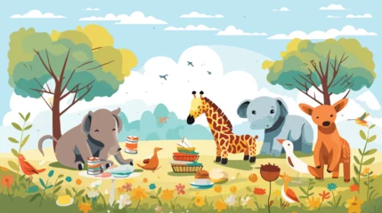 Muurstickers A whimsical scene of animals having a picnic on a s © zoni