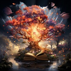 an open book with a light coming from it, in the style of whimsical fantasy creatures