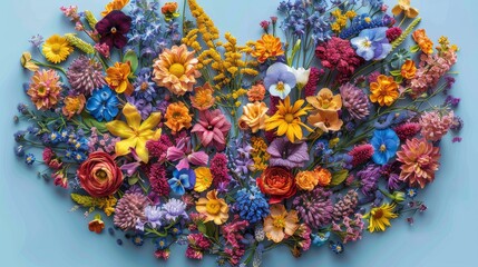 a bunch of colorful flowers arranged in a heart shape on a blue background with a place for text or image.
