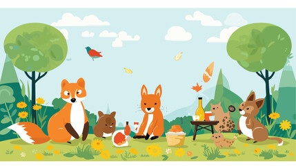 A whimsical scene of animals having a picnic on a s