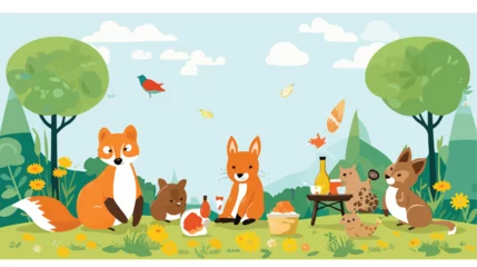 Poster A whimsical scene of animals having a picnic on a s © zoni