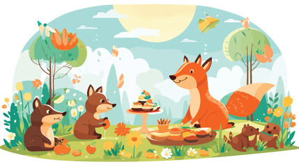 Obraz na płótnie Canvas A whimsical scene of animals having a picnic on a s