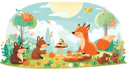 Raamstickers A whimsical scene of animals having a picnic on a s © zoni