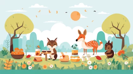 Rolgordijnen A whimsical scene of animals having a picnic on a s © zoni