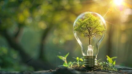 Eco-Innovation Concept: A Lush Green Tree Growing Inside a Light Bulb Amidst Nature