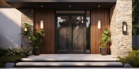 A view of a modern house and its security entrance door. Nice greenery to complement the building.