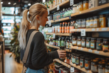 A contemplative woman with blonde hair in a ponytail looking at organic grocery options in the aisle of a store, highlighting decision making in purchases. Consumer choice, product selection. - obrazy, fototapety, plakaty