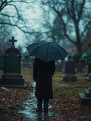 Solitary Figure in Rain at Cemetery