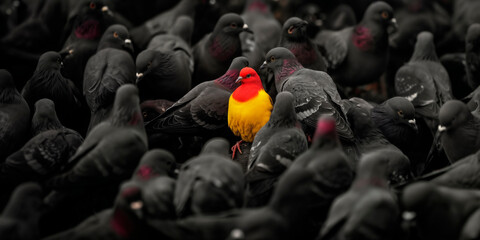 Obraz premium Colorful Bird Amongst Grey Pigeons