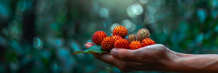 Fresh lychee selection on blurred background with copy space, hand holding ripe lychee