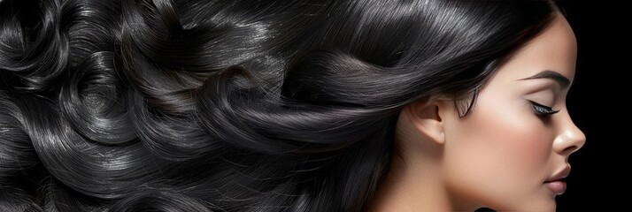 Dark hair background showcasing healthy, smooth, and shiny texture for captivating visual allure