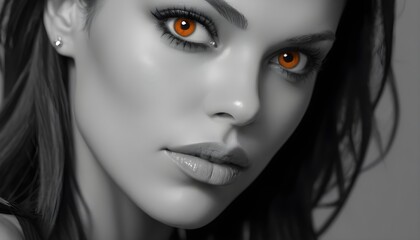 Monochrome wall art framework, black and white portrait of a woman with Hazel orange like eyes