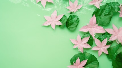 Pink and green leaves on the surface of the water on a green background. Beautiful background with water ripples for product presentation. Summer refreshing background.