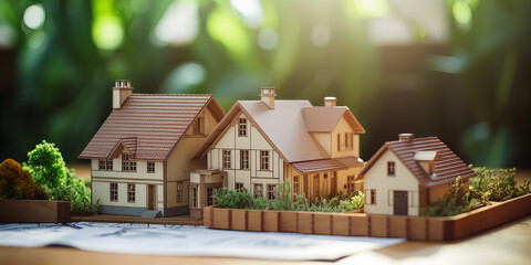 A realistic model of a family house and its project plans. Detailed view.