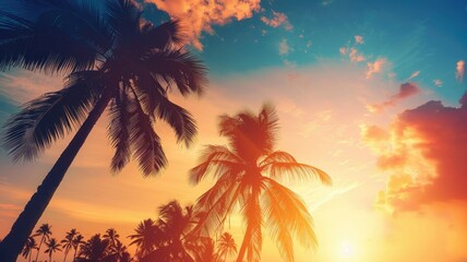 Tropical palm trees against a sunset sky - Warm hues cast a golden glow over silhouetted palm trees, depicting a tranquil tropical sunset paradise