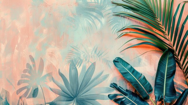 Vibrant tropical leaves on a textured backdrop - This image captures the essence of the tropics with vividly colored leaves set against a soft, textured background invoking warmth and relaxation
