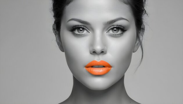 Wall art framework, monochrome vlack and white portrait of a brunette model with orange lips