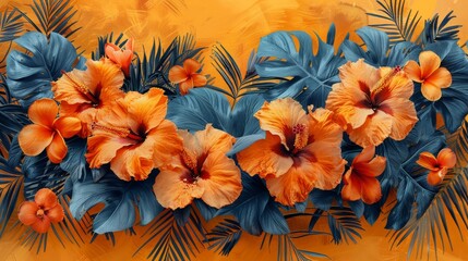 a painting of orange and blue flowers on a yellow background with palm leaves and palm fronds in the foreground.