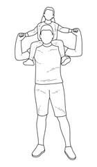 Sketch of a man with a girl on his shoulders, father and daughter, brother and sister, isolated vector on a white background