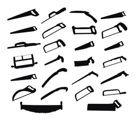 Large set of black silhouettes of hacksaws, saws. Joiners cutting tools. Isolated vector