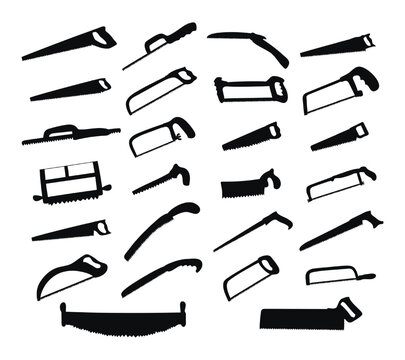 Large set of black silhouettes of hacksaws, saws. Joiners cutting tools. Isolated vector