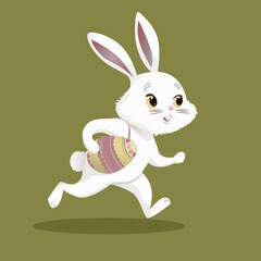 Сute Easter bunny is in a hurry for the holiday holding a colorful egg in his paws.