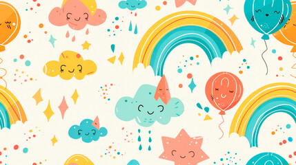 A mesmerizing white background filled with vibrant rainbows bending into a kaleidoscope of colors, accompanied by twinkling stars scattered throughout. Banner. Copy space