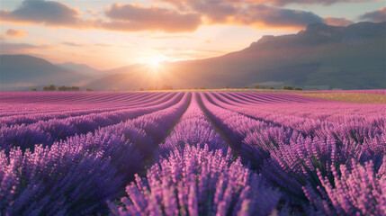 A photograph of a lavender field in even rows stretching into the distance, mountains and a sunrise in the background. - obrazy, fototapety, plakaty