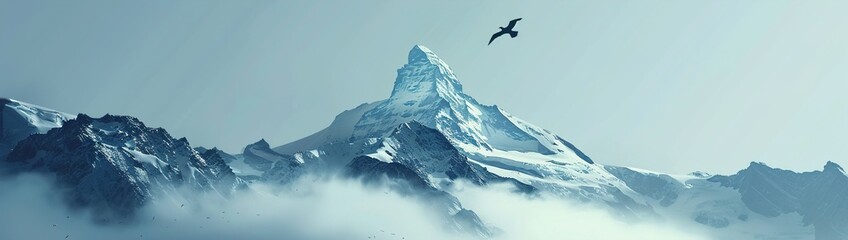 A 3D double exposure of a mountain peak, with a glacier and a bird in flight. - Powered by Adobe