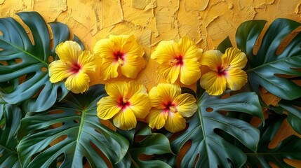 a group of yellow flowers sitting on top of a lush green leafy plant next to a yellow painted wall.