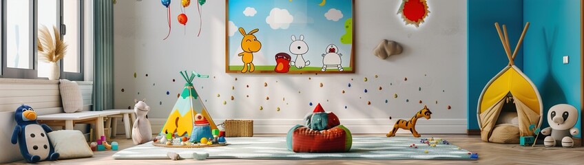 A children's playroom adorned with a whimsical wall frame mockup banner depicting cartoon...