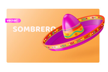 3d sombrero. Realistic mexican festival hat, traditional latin souvenir cinco de mayo day fiesta, mariachi disguise carnival holiday party fun cartoon isolated vector illustration