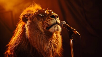 Lion with a microphone on a stage in a dark room