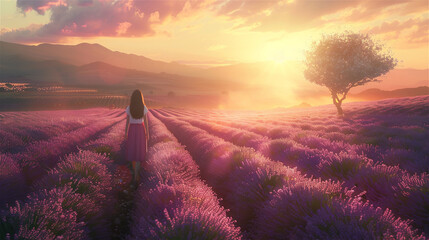 A photograph of neat rows of lavender stretching into the distance, mountains and a sunrise in the...
