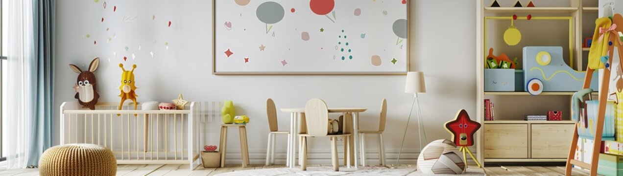 A children's playroom adorned with a whimsical wall frame mockup banner depicting cartoon characters.