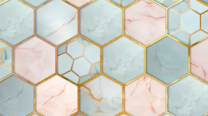 Tapeten A mesmerizing pattern of hexagonal tiles creating a harmonious design, each tile fitting perfectly into the next, forming a seamless geometric display. Banner. Copy space © stateronz