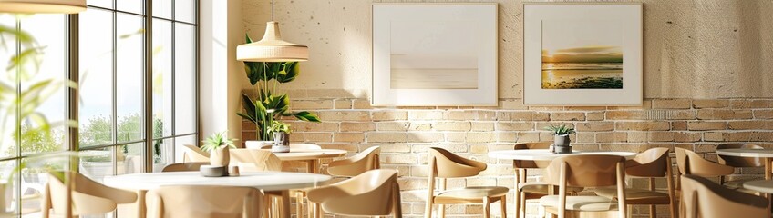 A stylish café interior with a wall frame mockup banner exhibiting artistic photography. - obrazy, fototapety, plakaty