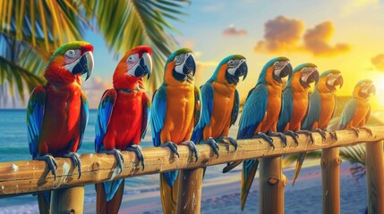 Colorful Parrots Perched on Wooden Railing at Tropical Beach at Sunset