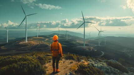 the engineer feels success after good work. He is standing near the windmill and looking at the beautiful sunset landscape