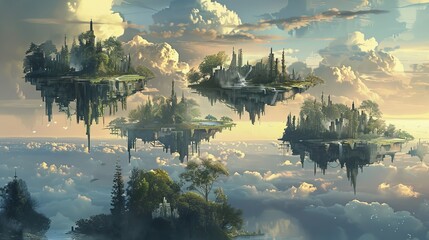 Isolated Floating Islands Amidst Clouds: A Surreal Landscape Depicting Independence - obrazy, fototapety, plakaty