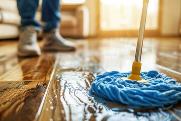 Close-up view of a mop cleaning hardwood floor - Close-up image capturing the action of mopping a shining wooden floor with a sunny background, highlighting the wood texture - obrazy, fototapety, plakaty