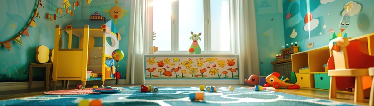 A children's playroom brightened up by a playful painting banner filled with whimsical characters.