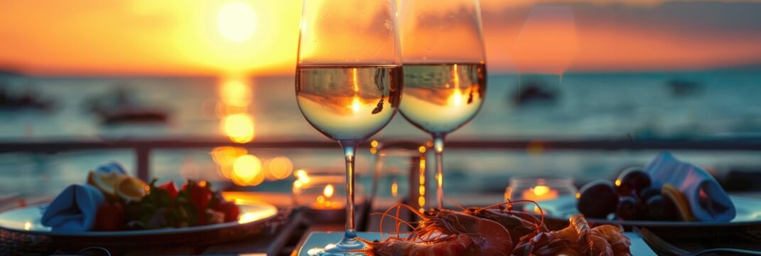 Romantic dinner setting with seaside view - Sunset ambiance enhances a romantic seafood dinner with wine, capturing the essence of a special moment by the sea