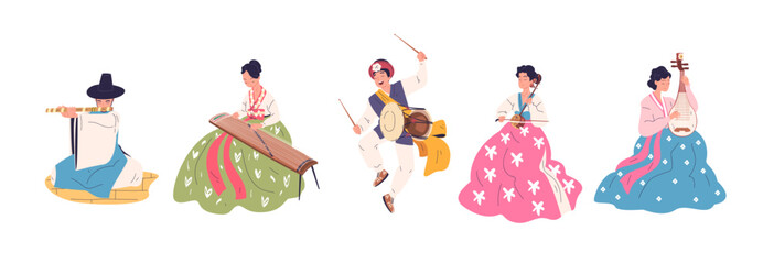 Korean musicians. Musician of Korea, asian people in traditional hanbok clothes man with music instruments gayageum drum tradition performance concert, classy vector illustration